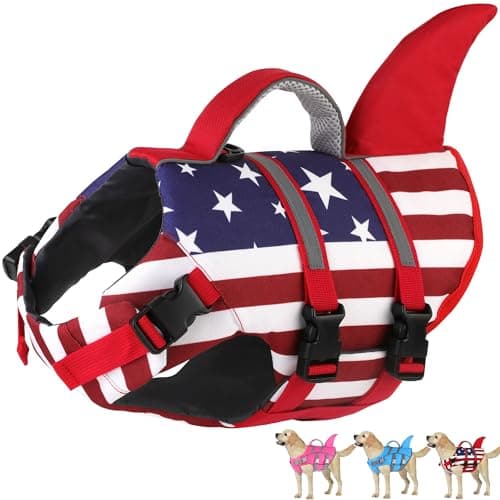 Dogcheer Harness-Style Dog Life Jacket Shark, Reflective American Flag Dog Life Vest for Swimming Boating, High Buoyancy Pet Swim Vest for Small Medium Large Dogs - USA Flag, M - Image 1