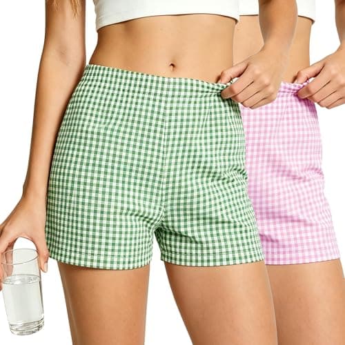 Womens 2-Pack Pajama Summer Shorts Gingham Boxer Shorts Casual Y2K Beach Bottoms Lounge Sleep Plaid Shorts - Image 1