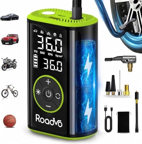 Roadvo 10000mAh Tire Inflator Portable Air Compressor,150PSI 3X Faster Electric Cordless Air Pump for Car Tires, Bike Pump with Presta & Schrader Valves, Auto Shut-Off, LED,Car,Motorcycle,Bike,Ball