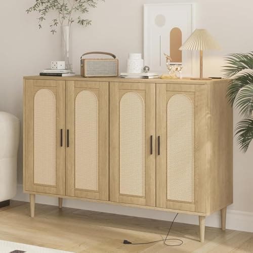 Patikuin Rattan Sideboard Buffet Cabinet, Boho Accent Storage Cabinet, 4 Doors Console Table Coffee Bar with Power Outlet, Adjustable Shelves for Kitchen, Dining Room, Hallway, Living Room (Wood_1) - Image 1