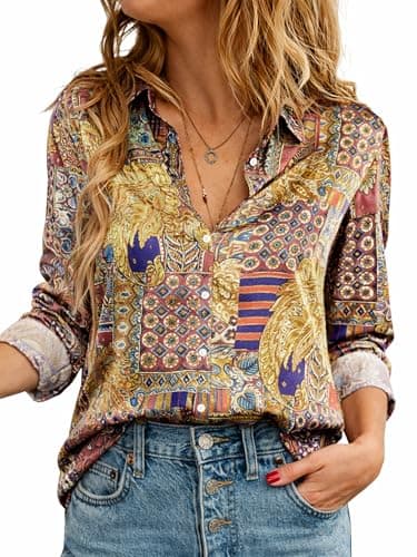 CUNLIN Women Button Down Blouses Dressy Casual Puff Long Sleeve Spring Tops Boho Floral Shirts Fashion Silk Blouse Mixed Color Patchwork Paisley Size M - Image 1