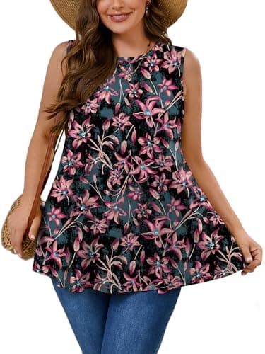 AusLook Plus Size Women's Tank Tops Pink Floral 3X Summer Casual Crew Neck Sleeveless Flowy Loose Fit Boho Tops 2025 Basic Loose Dressy Work Holiday Shirts Business Outfits - Image 1