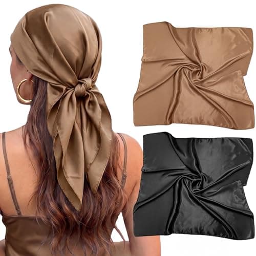 obeoby 2 Pcs Head Scarf for Women Like Silk Scarf, 35” Large Square Hair Scarf - Satin Scarf for Sleeping Hair Wrapping Beach Wear Travel Bandana for Women Gifts (Coffee Brown, Black) - Image 1