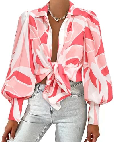 BTFBM Summer Blouses for Women Dressy Casual 2026 Long Sleeve Button Down Shirt V Neck Boho Spring Tops Fashion Clothing(Print Pink, Medium) - Image 1