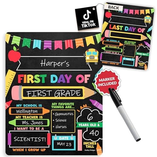 My First Day of School Sign with Marker -11"x14" Double-sided & Reusable Back to School Sign Board and Photo Prop for First and Last Day, Kindergarten PreK Preschool Chalkboard Back to School Supplies - Image 1