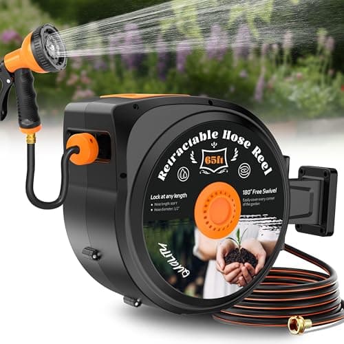 Retractable Garden Hose Reel, 1/2 in x 65 ft Wall Mounted Hose Reel Heavy Duty with 10-Function Sprayer Nozzle, Any Length Lock, Slow Return System, 180°Swivel Bracke for Large Yard Lawn Car Washing - Image 1