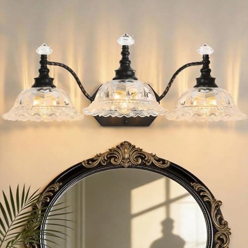 PUAMUBUA Vintage Bathroom Vanity Light Fixtures, 3-Light Black Light Fixtures Over Mirror with Crystal Glass Flower Shade, Mid Century Farmhouse Wall Mount Lighting for Living Room, Kitchen - Image 1