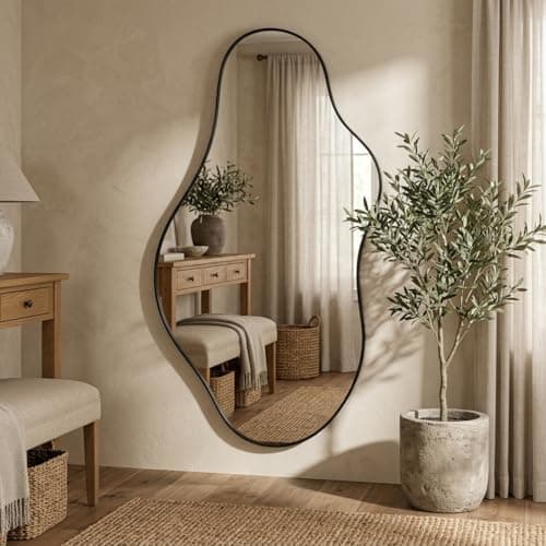 Irregular Asymmetrical Wall Mirror 26x48 Inches - Decorative Tempered Glass with Modern Aluminum Alloy Frame, Black Abstract Cloud Mirror for Bathroom, Bedroom, Living Room, Entryway, Cloakroom