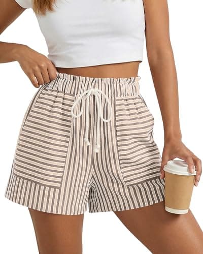 BTFBM Striped Summer Shorts for Women 2026 Loose Spring Casual Elastic Waist Lounge Resort Wear Vacation Beach Shorts(Khaki, XX-Large) - Image 1