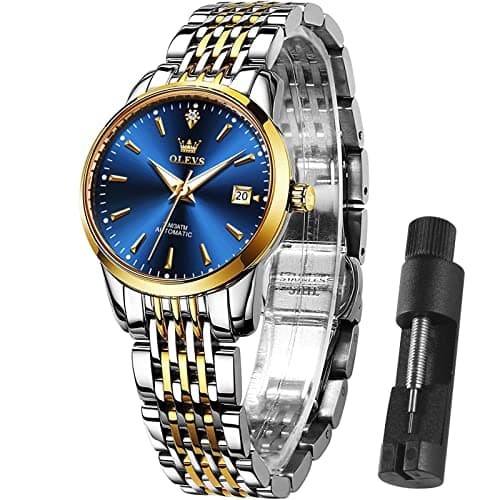 OLEVS Sliver Gold Steel Watch Blue Dial Luxury Dress Small Face Automatic Watches Waterproof Two Tone Womens Watch Stainless Steel Mechanical Ladies Watches with Date Women's Wrist Watches Gift - Image 1