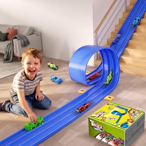 Zyllver 3-Lane Flexible Race Track Toy Set - 16.4 Ft DIY Racetrack with Strong Suction Cups, Portable Roll-Up Car Track for Kids Compatible with 1/64 Diecast Cars