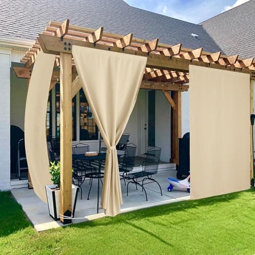 NICETOWN 2 Panels Rod-Free Outdoor Curtains for Patio Waterproof, Sticky Top & Back Tab Bottom with Free Rope for Wind Resistance, Weatherproof Drape for Gazebo/Porch, W52 x L108 in, Biscotti Beige - Image 1