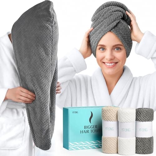 YFONG 3 Pack Large Microfiber Hair Towel Wrap, 30" x 10" Anti Frizz Quick Dry Hair Towels for Women Long, Curly, Thick Hair, Super Absorbent Hair Turban for Wet Hair (Grey, White, Camel) - Image 1