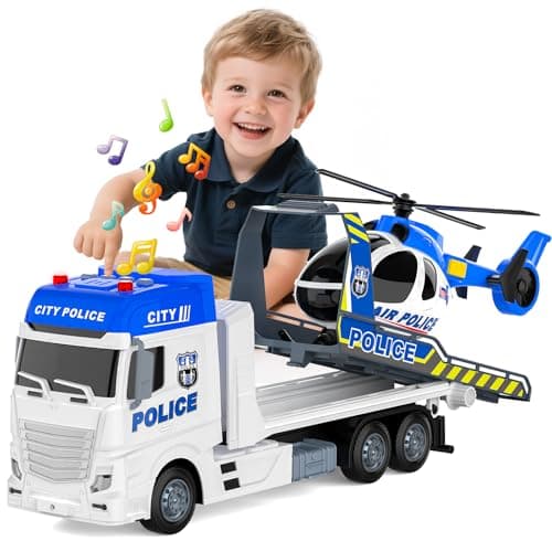 21.2 Inch Semi Police Truck Toy for 3 4 5 Years Old Boys - With Racing Car and Helicopter, Friction Powered Transport Truck Crane Vehicle with Lights and Sounds for Boy Christmas Birthday Gifts - Image 1