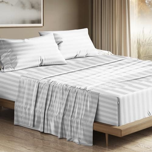 THREAD SPREAD Egyptian Cotton Sheets King Size - 1200 Series Plush Collection Damask Sheet Set Egyptian Cotton (4 PC, White Stripe), Luxury Sheet King Size, Soft, Cooling Deep Pocket Sheets - Image 1