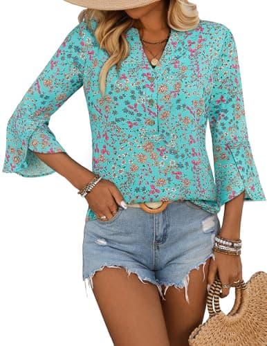 LOOKBOHO Womens Blouses Casual Dressy 3/4 Sleeve Bell Sleeve Boho Tops Button V-Neck Business Shirts Green&Blue XL - Image 1