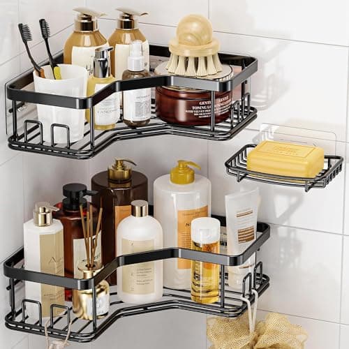 MAXIFFE 3 Pack Corner Shower Caddy with Soap Holder, Large Capacity Sturdy Easy Install No Drilling Stainless Steel Hold 40 LBS Shower Organizer Shelves Rack Storage for Family Renters Bathroom, Black - Image 1