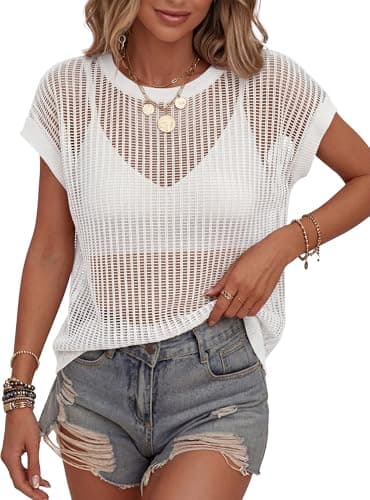 KIRUNDO Crochet Tops for Women 2026 Summer Beach Vacation Clothes Cover Up Mesh Top Lightweight Sweater Cruise Resort Wear(White, XX-Large) - Image 1