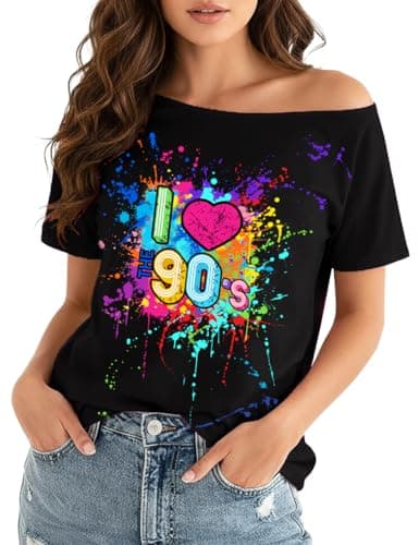 90s Outfit for Women 90's Sexy Off The Shoulder Shirt I Love The 90S Tshirts for Girls Vintage 90s Off Shoulder Tops Black-a