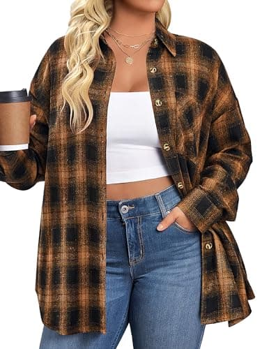 IN'VOLAND Womens Plus Size Flannel Plaid Shirt Roll Up Long Sleeve Mid-Long Button Down Shirts Casual Boyfriend Tops Brown - Image 1