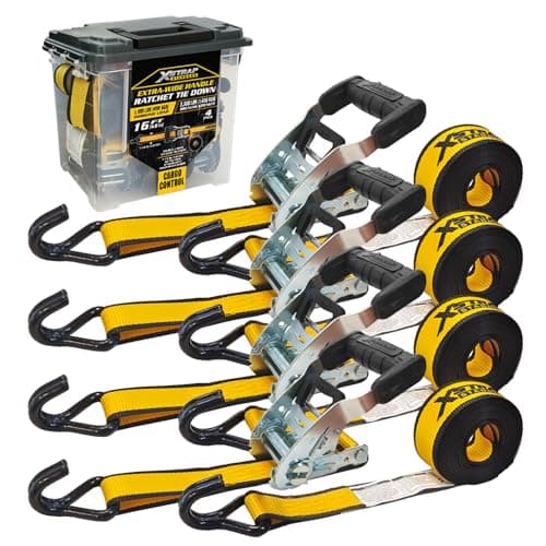 XSTRAP 4 Pack Ratchet Straps 1.5" x 16ft 3,300lbs Break Strength Tie Down Straps, Ergonomic Handle with Double J Hooks & Ammo Storage Box for Truck, Trailers, Motorcycle, ATV & Boat (Yellow)