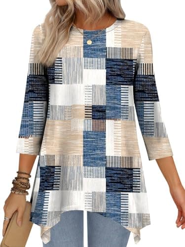 JUSTFASHIONNOW 3/4 Length Sleeve Tunic Tops for Women Loose Fit Dressy Casual Maternity Blouses Shirts with Asymmetrical Hem(patchwork Print,Large - Image 1