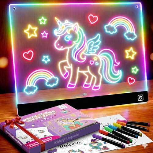 LED Drawing Board for Girls, Kids, 9.8"x7.9" 7 Colors DIY Doodle Glow Note Board with 7 Pens, 10 Tracing Sheets - Unicorn Toys Gifts, Brithday Gift for Girl 4 5 6 7 8 9 Year Old, Light Up Pad Art Kit - Image 1