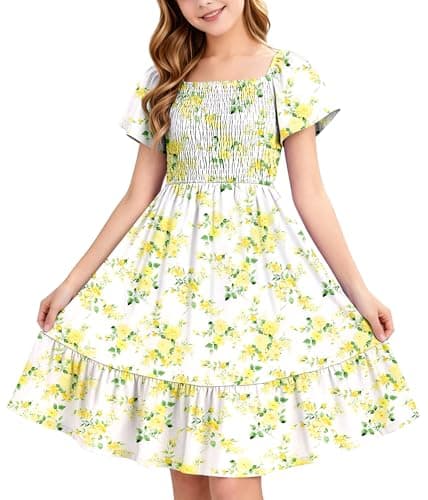 Tween Girl's Summer Short Sleeve Loose Dress Casual Spring Floral Square Neck Midi Dresses 2026 White Yellow Flower 13-14 Years - Image 1