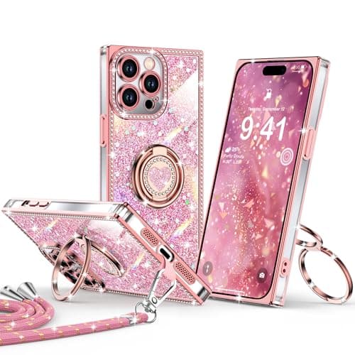 XYZ for iPhone 14 Pro Max Case, Glitter Bling Phone Cover with 2-Ring Heart Stand & Lanyard, Women Girls Luxury Rhinestone Shockproof Protective Case for iPhone 14 Pro Max, Pink - Image 1