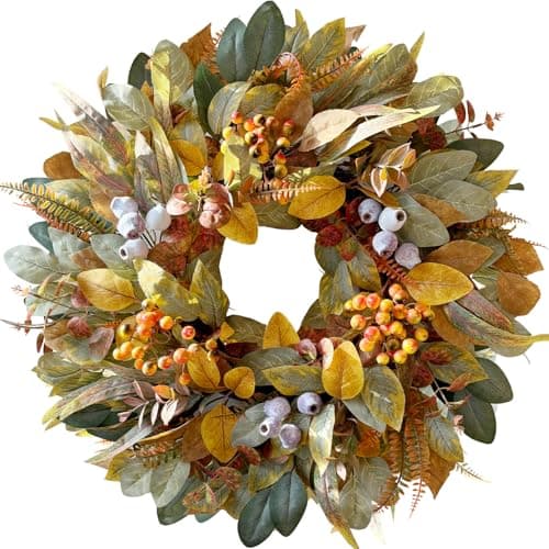 WANNA-CUL 22 Inch Fall Eucalyptus Wreath for Front Door with Berries, Artificial Autumn Wreath for Thanksgiving Harvest, Farmhouse Greenery Year Round for Wall Mantel Window Indoor Outdoor - Image 1