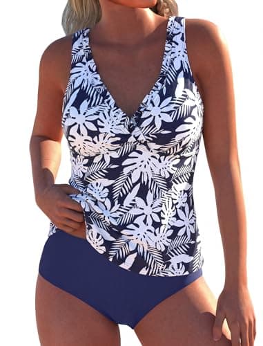 ZAFUL Womens Tankini Bathing Suit 2 Piece Swimsuit Modest Ruffle V Neck Swim Tank Top with High Waisted Shorts Navy Blue XL - Image 1