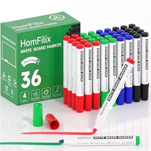 HomFilix White Board Markers Dry Erase 36 Pack Bulk, 2 mm Fine Bullet Tip, Low-Odor Plant-Based Ink, 4 Colors for Classroom, Office & Home Use | Premium Dry Erase Marker Set