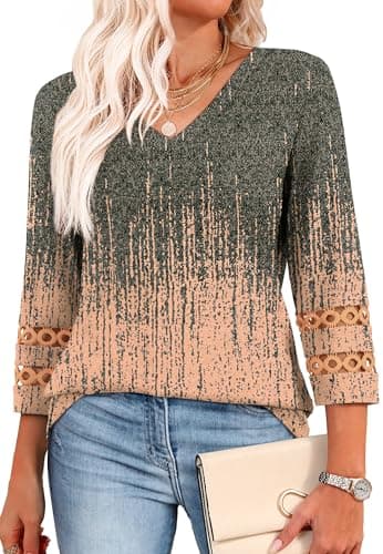 Womens Summer Tops 3/4 Sleeve Tunic Tops for Women Dressy Casual V Neck T Shirts Beach Vacation Clothes Eyelet Grey Coral XL - Image 1