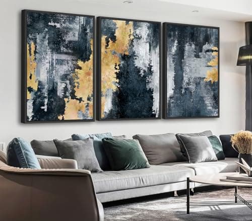 Large Framed Abstract Wall Art - Natural Frame Retro Canvas Pictures for Living Room Modern Canvas Prints Navy Blue for Bedroom, Black Float Frame Art for Home Office Kitchen Decor 24" X 36" X 3pcs - Image 1
