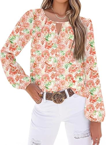 SHEWIN Blouses for Women Dressy Casual Floral Long Sleeve Shirts Work Tops Loose V Neck Floral Tops for Women Fall Outfits 2025 Orange Small - Image 1
