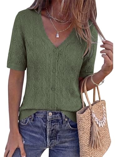 PRETTYGARDEN Womens Corset Tops Short Sleeve Lightweight Cardigans for Women Trendy Summer Button Down Cute Sweater Top (Army Green, X-Large) - Image 1