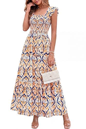 dowerme Womens Summer Maxi Dresses 2026 Casual Ruffle Sleeve Button Smocked Floral Slit Boho Dress Spring Beach Sundress(Blue Geometry,Small) - Image 1