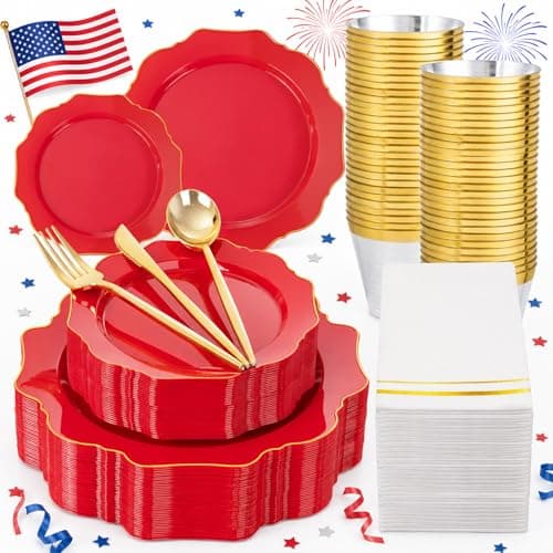 WDF 175Pcs Red Plates - Red Plastic Plates with Gold Rim - Fancy Disposable Dinnerware Sets Ideal for Party/Wedding/Spring/4th of July/Memorial Day - Image 1