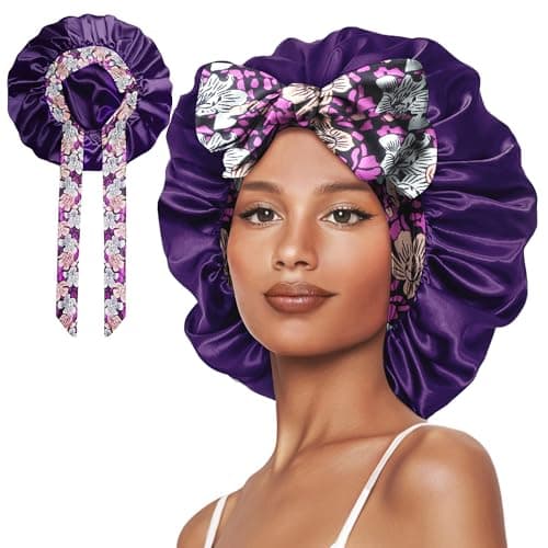 Vettres Silk Bonnet for Sleeping Straight Hair Satin Turban Hair Cover for Sleeping Silk Bonnet with Tie Purple Flower - Image 1