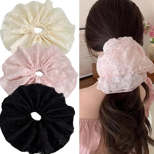 Jseng 3PCS Extra Large Scrunchies for Hair, Korea lace Hair Ties, Beige, Pink, Black - Image 1