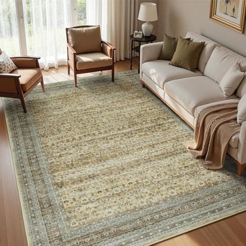 Vibrug Area Rug 5x7 Oatmeal Beige Vintage Washable Living Room Rugs Farmhouse Distressed Retro Floral Non-Slip Low Pile Stain Resistant Neutral Carpet for Office, Nursery, Lounge, Bedroom Foot of Bed - Image 1