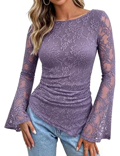 GRACE KARIN Womens Lace Bell Long Sleeve Tops 2026 Fall Boat Neck Ruched Going Out Shirt Asymmetrical Y2K Clothes Date Night, Dusty Purple Rose, X-Large - Image 1
