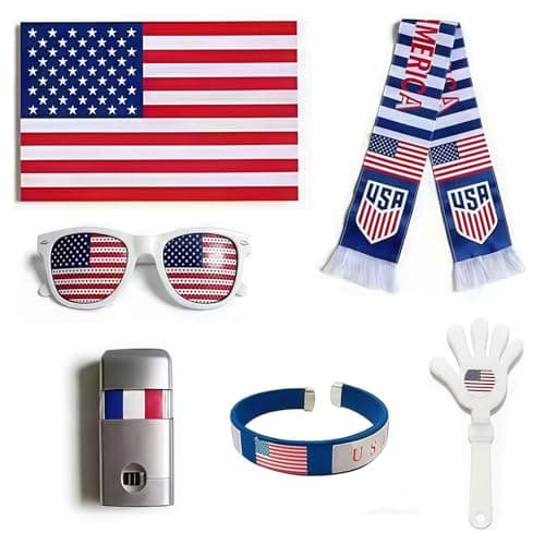 2026 World Cup Merch Soccer Fan Kit 6Pcs USA Soccer Fan Gear Set with American Flag, Glasses, Face Paint, Wristband, Clappers, Scarf - for Stadiums, Watch Parties, Patriotic Day 250 Anniversary - Image 1