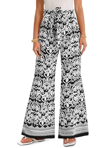 Yousify Women Wide Leg Boho Pants High Waisted Printed Palazzo Pant Casual Flowy Tie Knot Vacation Trousers with Pockets Black - Image 1