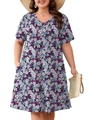 AusLook Plus Size Midi Dress for Women Tricolor Blossoms 2X Short Sleeve V Neck Criss Cross A Line Summer Casual Vacation Dress T-Shirt 2026 Sundresses with Pockets - Image 1