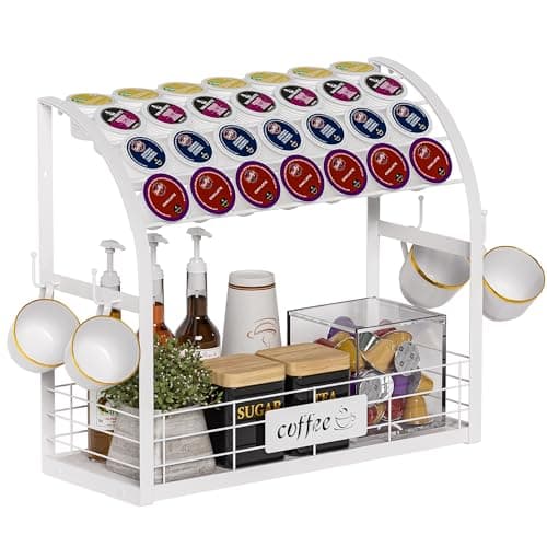 Metal K Cup Holder with Wooden Tray, 2-Tier Coffee Bar Organizer with Mug Hooks, Countertop Coffee Pod and Station Accessories – White - Image 1