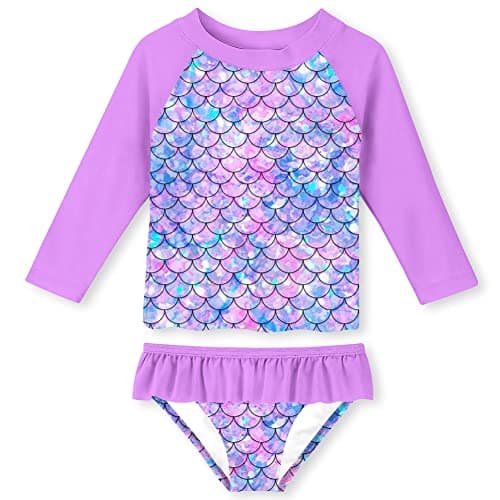 Funnycokid Toddler Girls Rashguard Swimsuit 4T 5T Mermaid UV Protection Two Piece Long Sleeve Bathing Suit Purple Swimwear Rash Guard Sets 4 5 Years - Image 1