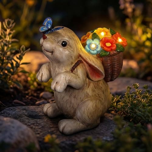 PETAFLOP Solar Garden Statues Outdoor Decor, Rabbit with Flower Basket & Butterfly for Patio Balcony Backyard Lawn Yard Decorations, Father’s Day Birthday Housewarming Gifts for Women, Mom, Grandma - Image 1