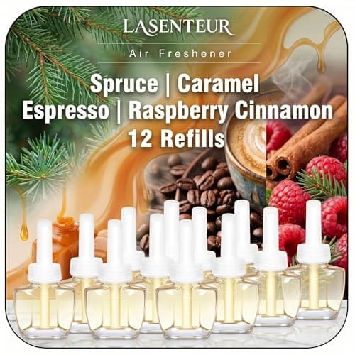 Plug In Air Freshener Refills for Home, 12 Count 7.92 FL OZ, Spruce, Caramel, Espresso & Raspberry Cinnamon Summer Scents for Bathroom & Office, Bedroom, Compatible with Air Wick & Glade - Image 1