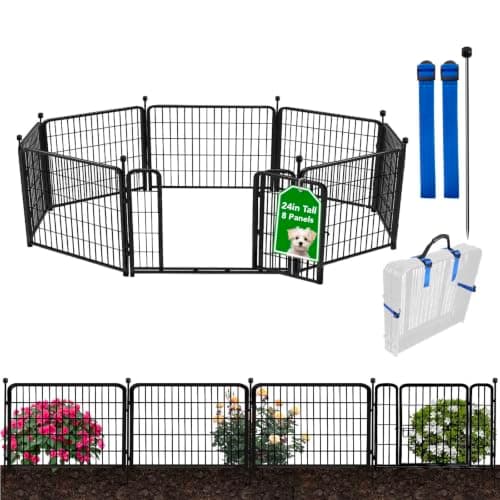 ADAVIN Garden Fencing 24 Inch High, Low Threshold Gate, 8 Panels Total 19.7 Ft(L), Temporary Fences for Dogs Outdoor, Fencing for Garden Beds, Black Metal Decorative Flowers Fence, Rabbit Fence - Image 1